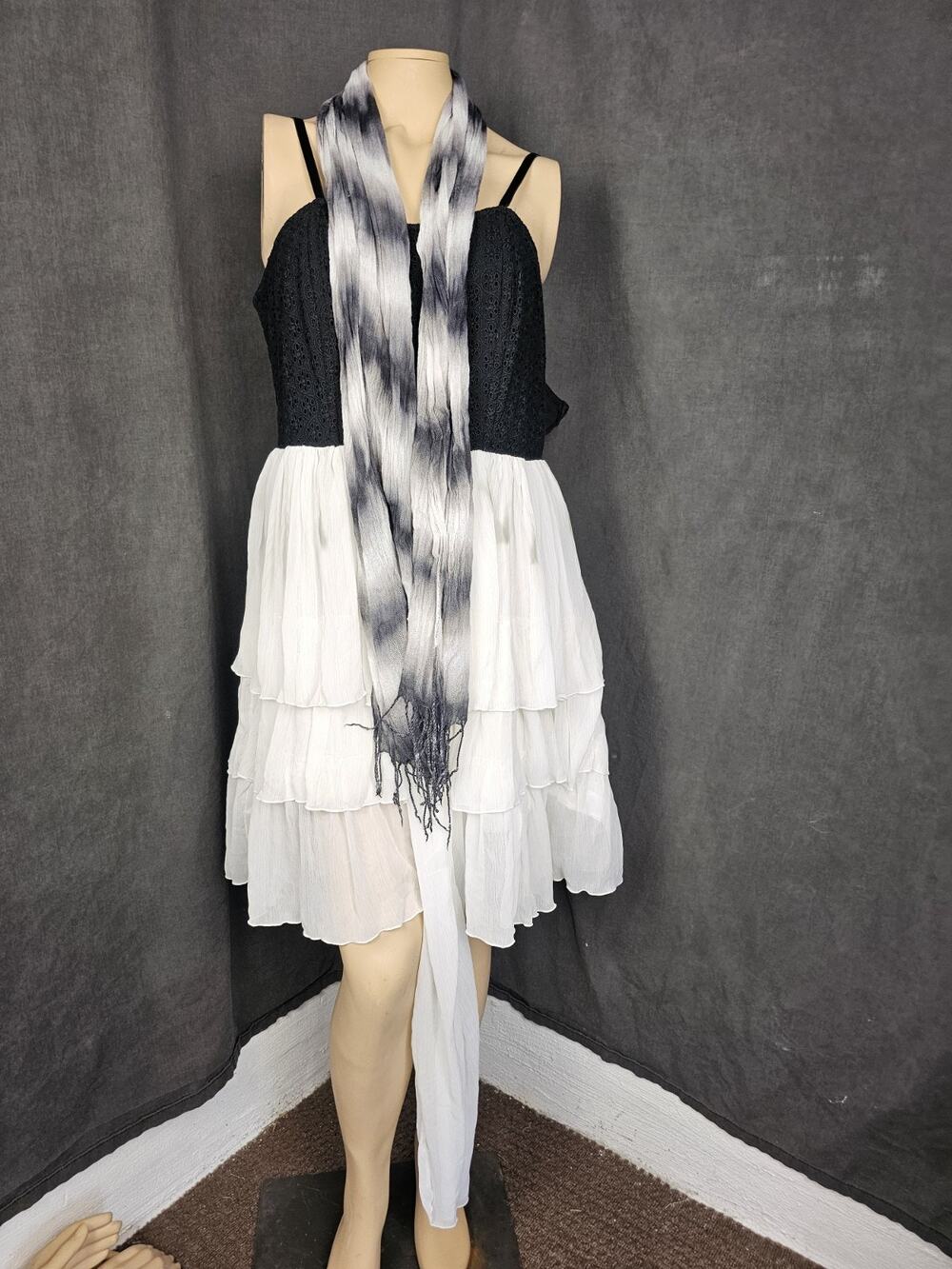 Black and White Tiered Halter Dress with Scarf - Picture 1 of 9